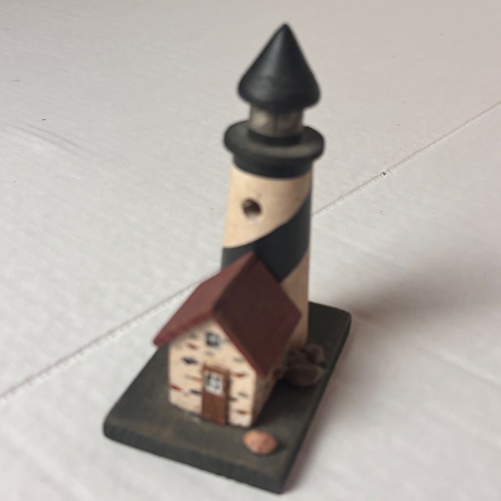 Handmade Wooden Lighthouse Figurine Nautical Coastal Fisherman Decor Mini 4.5"
